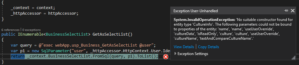 C# - Entity Framework Exception: No Suitable Constructor Found For Entity  Type 'Cultureinfo' - Stack Overflow